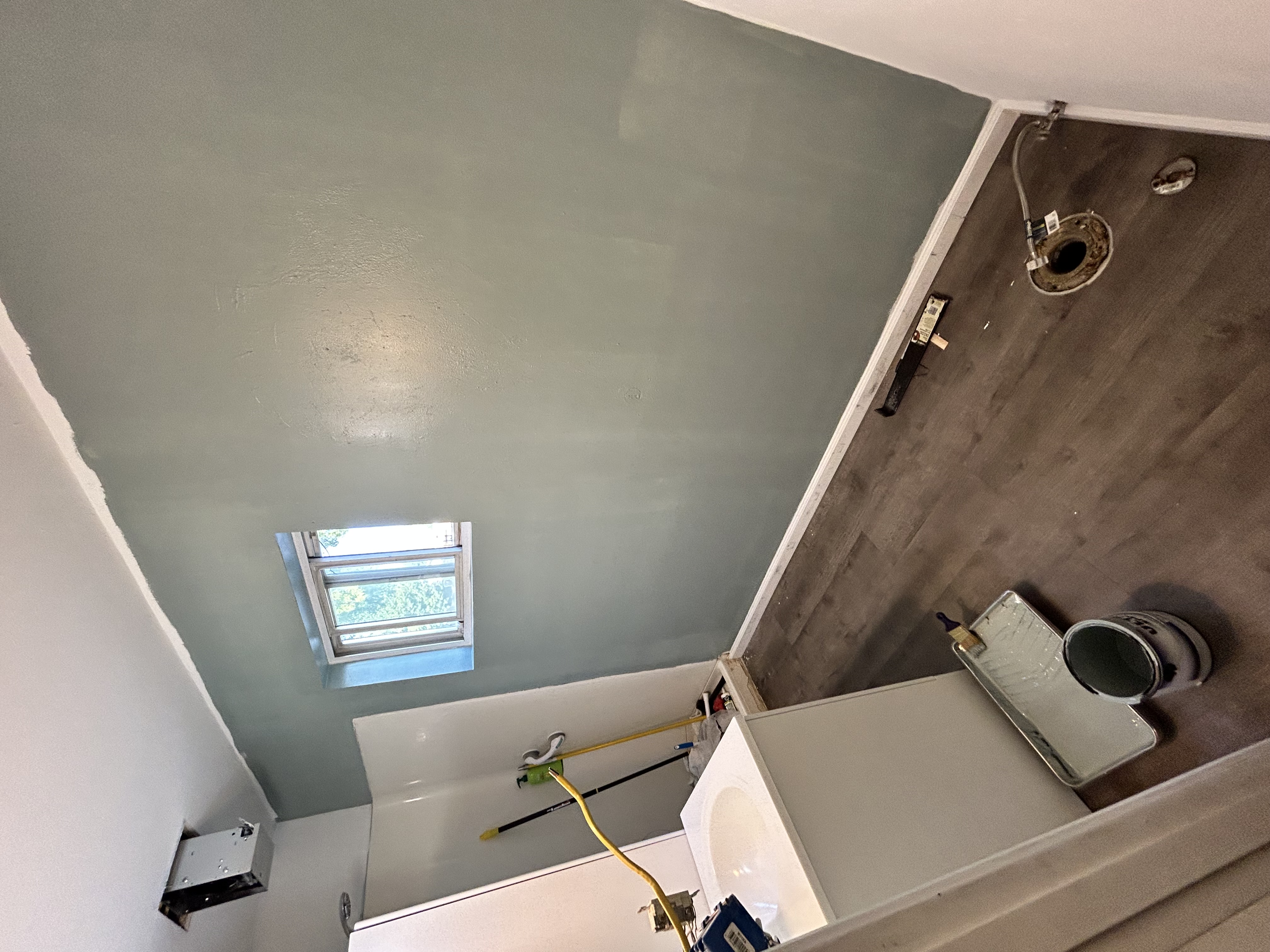 Bathroom mid-remodel – sage green paint, vanity rough-in, LVP floor